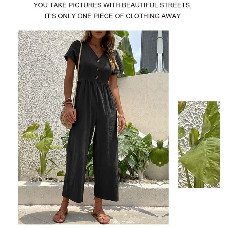 V-neck Front Button Women Cropped Pants Solid Color Straight Jumpsuit, Size: