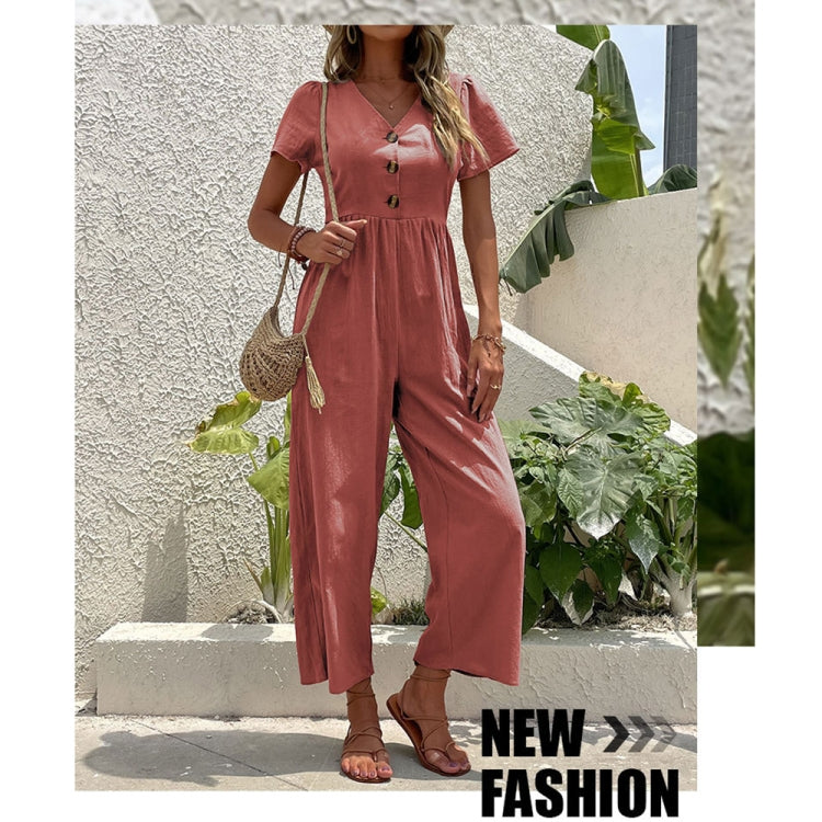 V-neck Front Button Women Cropped Pants Solid Color Straight Jumpsuit, Size: