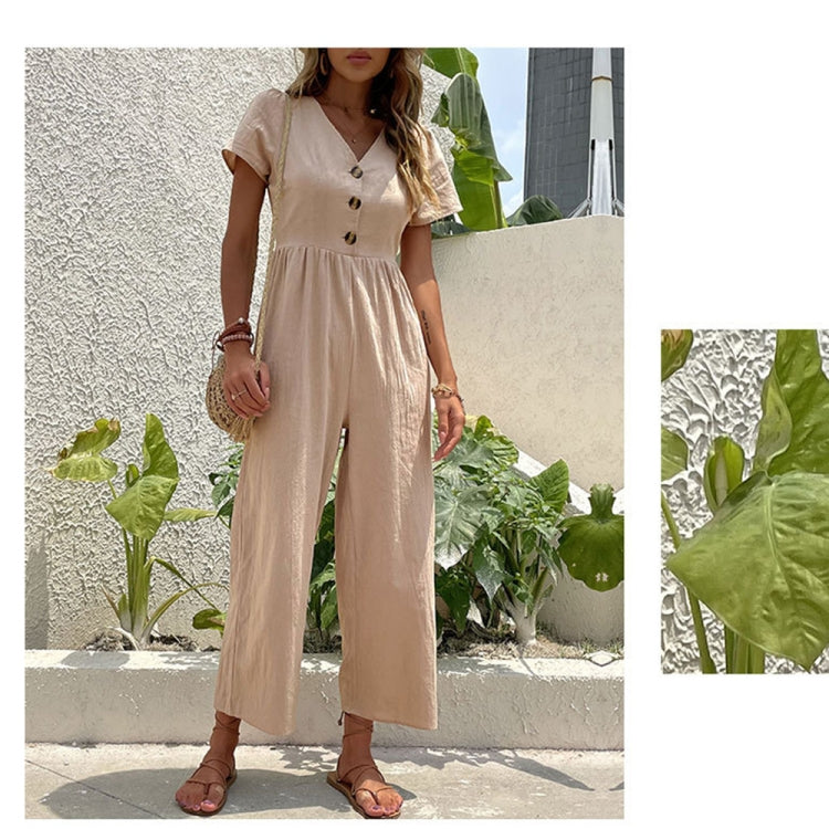 V-neck Front Button Women Cropped Pants Solid Color Straight Jumpsuit, Size: