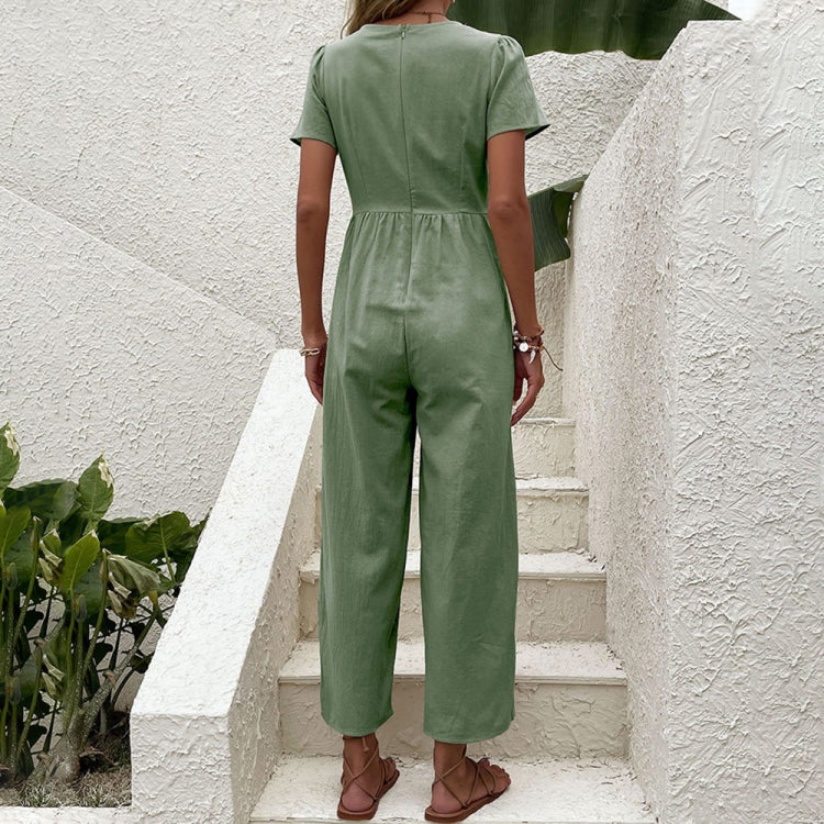 V-neck Front Button Women Cropped Pants Solid Color Straight Jumpsuit, Size: