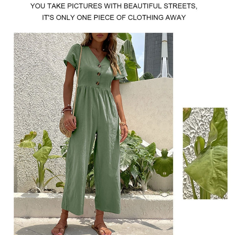 V-neck Front Button Women Cropped Pants Solid Color Straight Jumpsuit, Size: