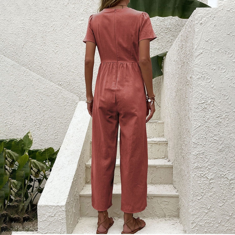 V-neck Front Button Women Cropped Pants Solid Color Straight Jumpsuit, Size: