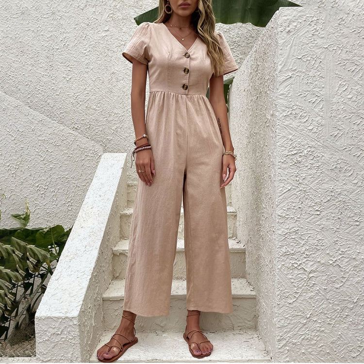 V-neck Front Button Women Cropped Pants Solid Color Straight Jumpsuit, Size: