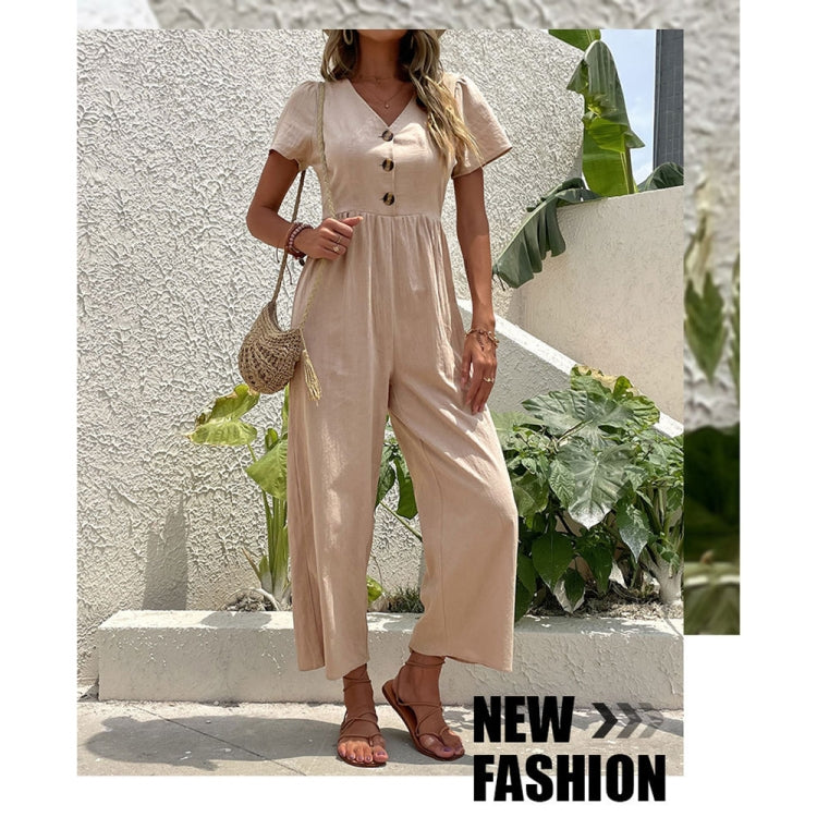 V-neck Front Button Women Cropped Pants Solid Color Straight Jumpsuit, Size: