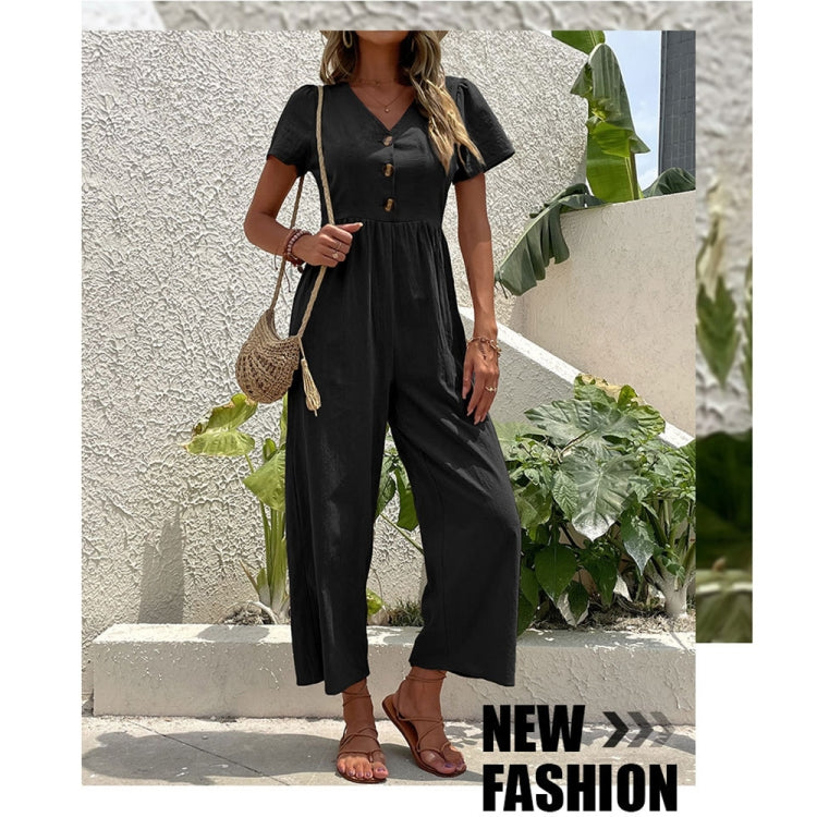 V-neck Front Button Women Cropped Pants Solid Color Straight Jumpsuit, Size: