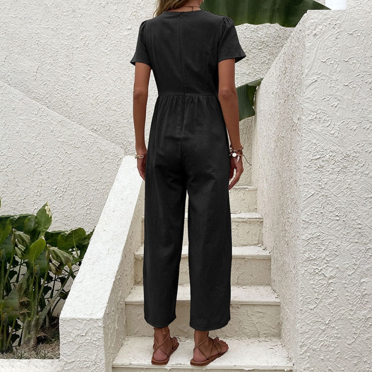 V-neck Front Button Women Cropped Pants Solid Color Straight Jumpsuit, Size: