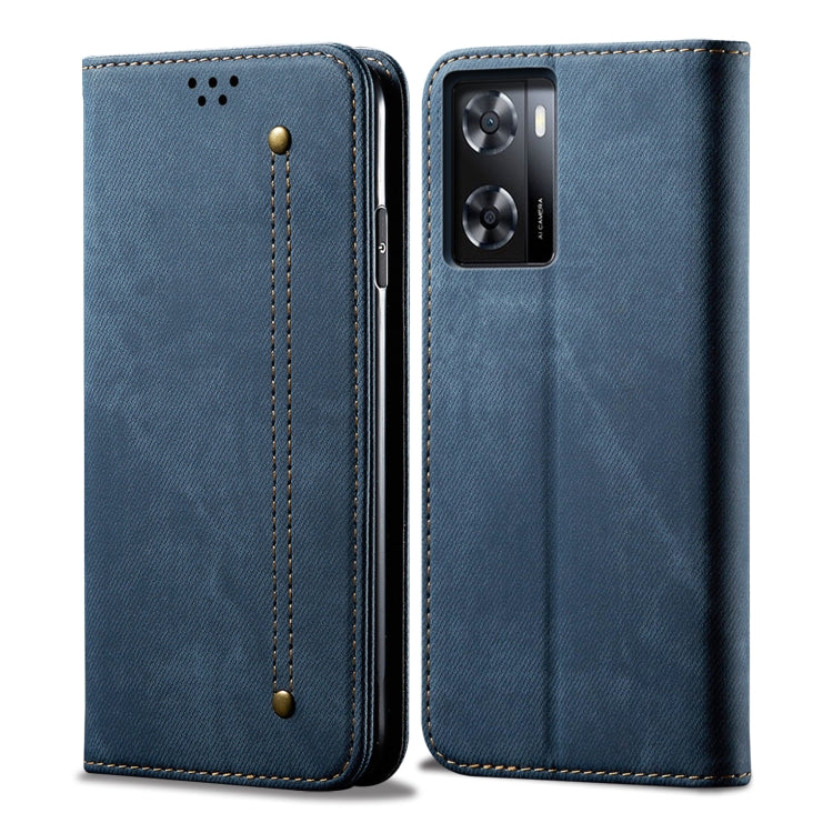 For Realme V23 / Narzo 50 / Oppo A77 5G / A57 4G Denim Texture Casual Style Horizontal Flip Leather Phone Case