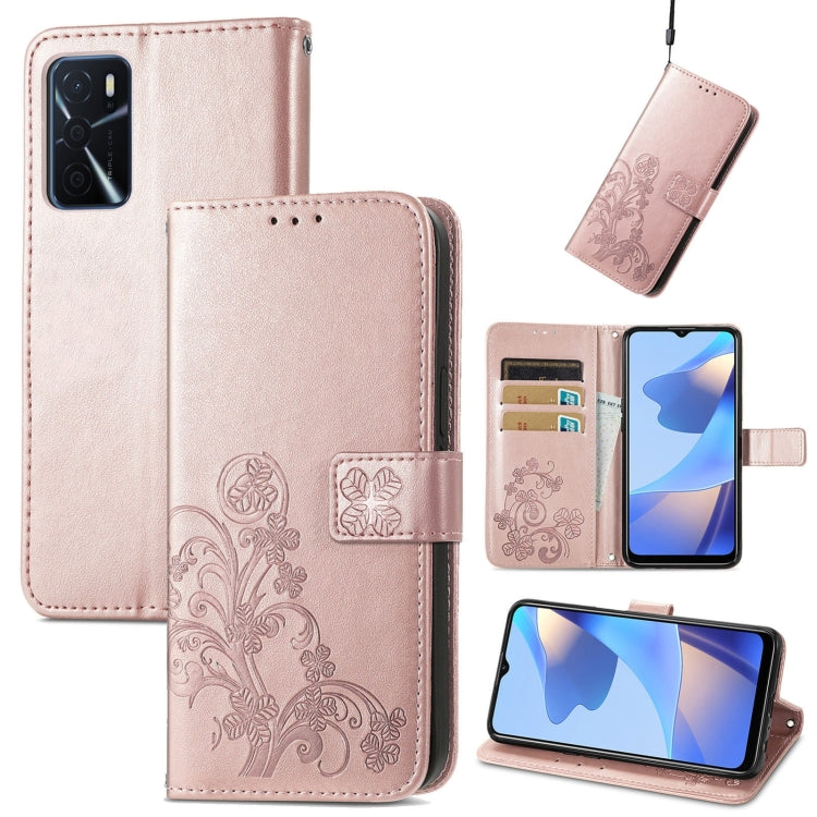 For OPPO A16e Four-leaf Clasp Embossed Buckle Leather Phone Case
