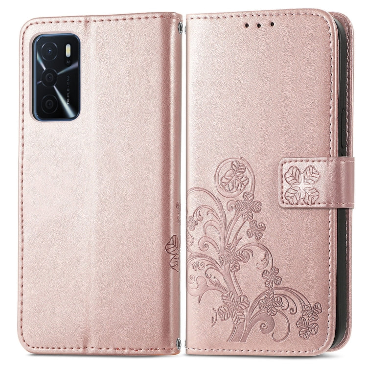 For OPPO A16e Four-leaf Clasp Embossed Buckle Leather Phone Case