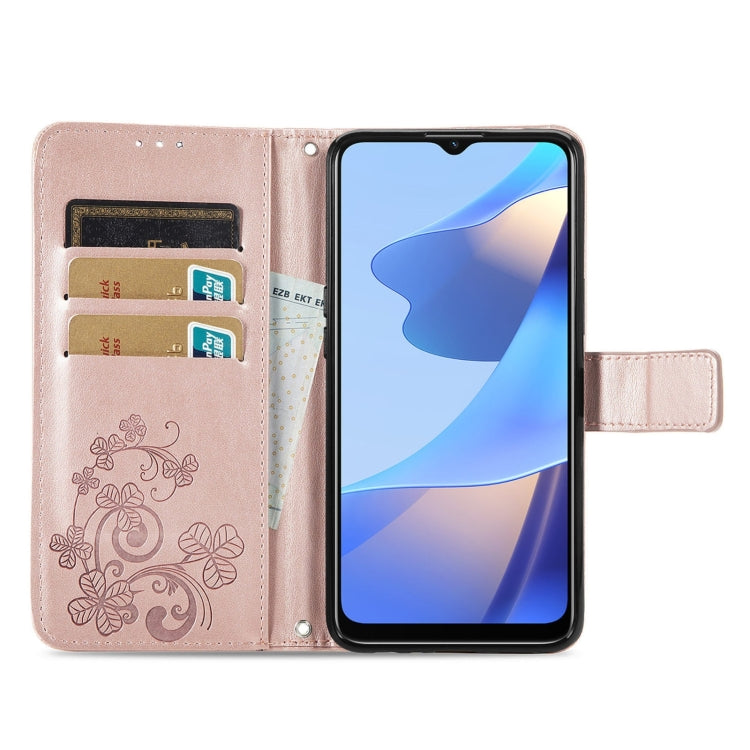 For OPPO A16e Four-leaf Clasp Embossed Buckle Leather Phone Case