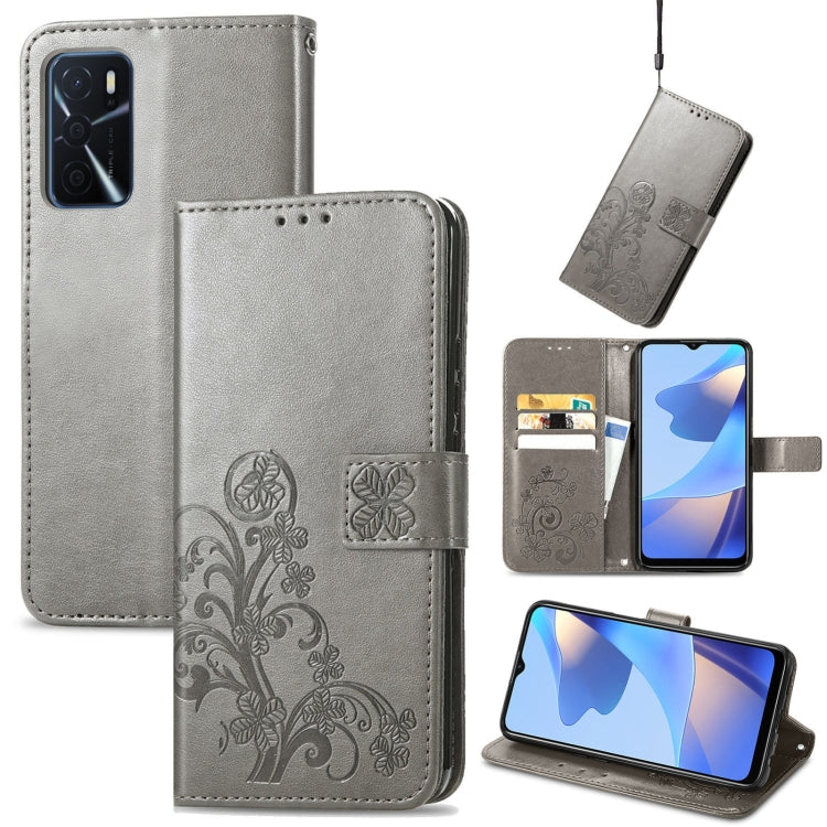 For OPPO A16e Four-leaf Clasp Embossed Buckle Leather Phone Case