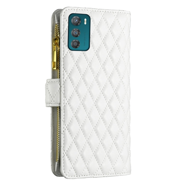 For Motorola Moto G42 4G Diamond Lattice Zipper Wallet Leather Flip Phone Case