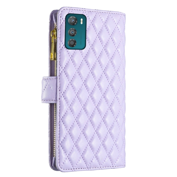 For Motorola Moto G42 4G Diamond Lattice Zipper Wallet Leather Flip Phone Case