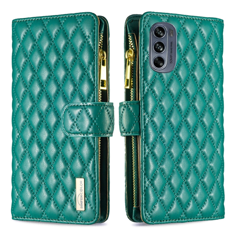 For Motorola Moto G62 Diamond Lattice Zipper Wallet Leather Flip Phone Case