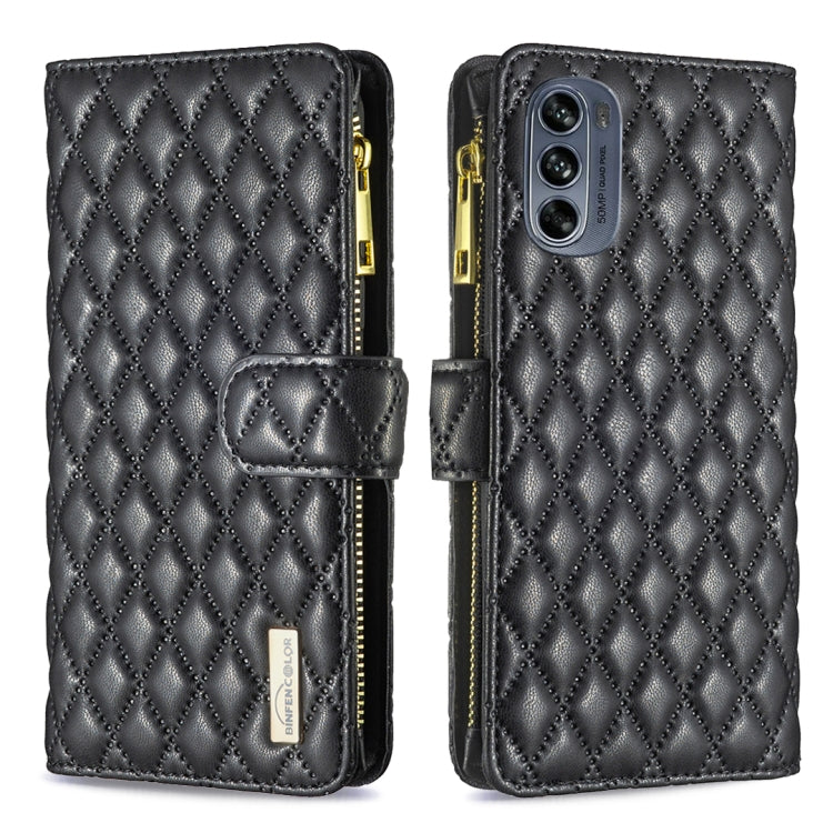 For Motorola Moto G62 Diamond Lattice Zipper Wallet Leather Flip Phone Case