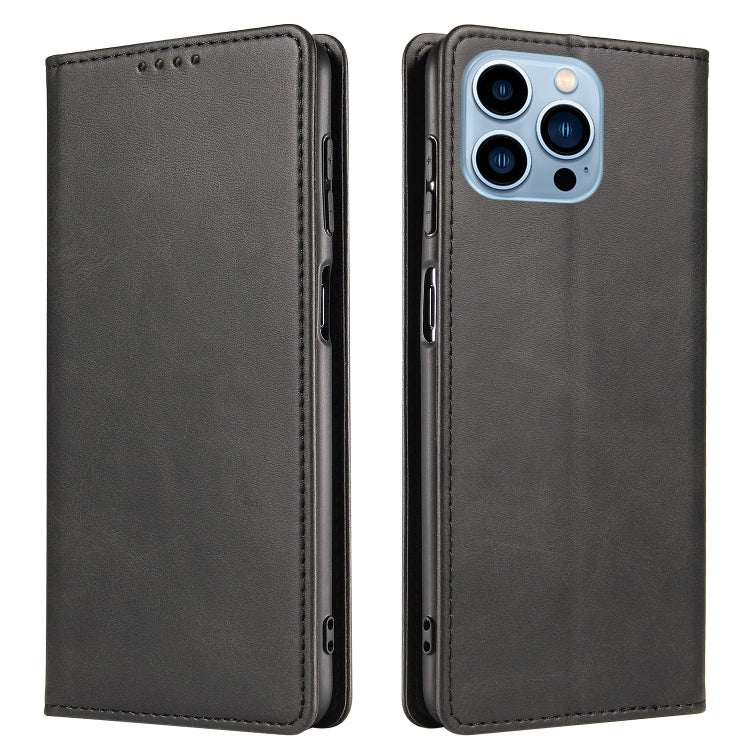 For iPhone 14 Pro Max Calf Texture Magnetic Flip Leather Phone Case