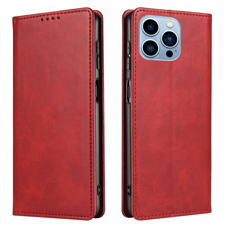 For iPhone 14 Pro Max Calf Texture Magnetic Flip Leather Phone Case