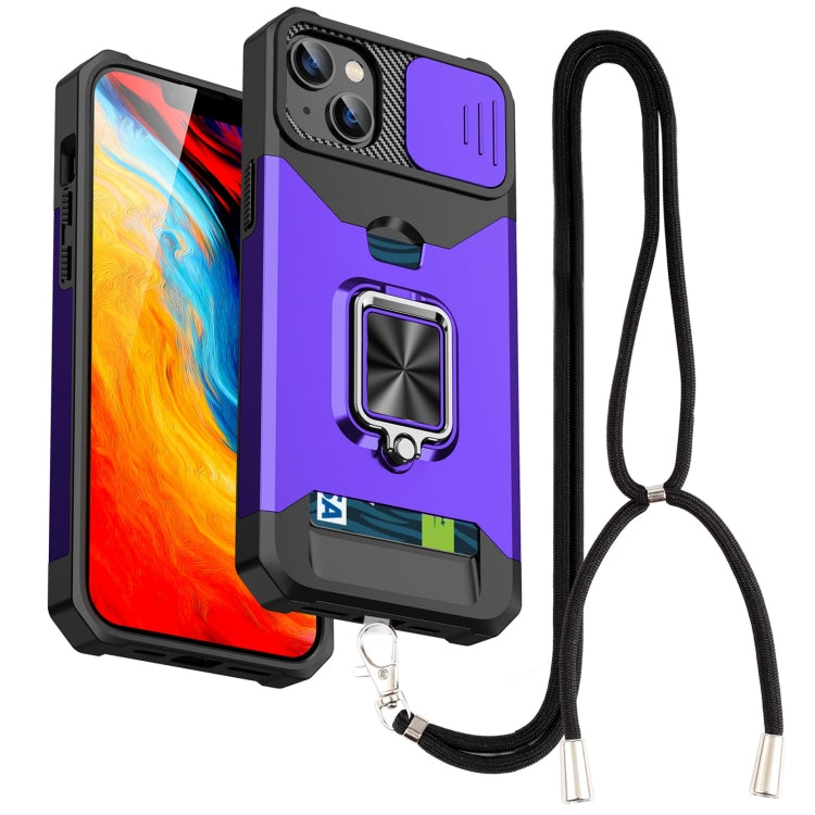 For iPhone 14 Lanyard Slide Camshield Ring Card Phone Case