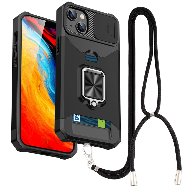For iPhone 14 Lanyard Slide Camshield Ring Card Phone Case