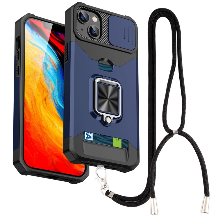 For iPhone 14 Lanyard Slide Camshield Ring Card Phone Case
