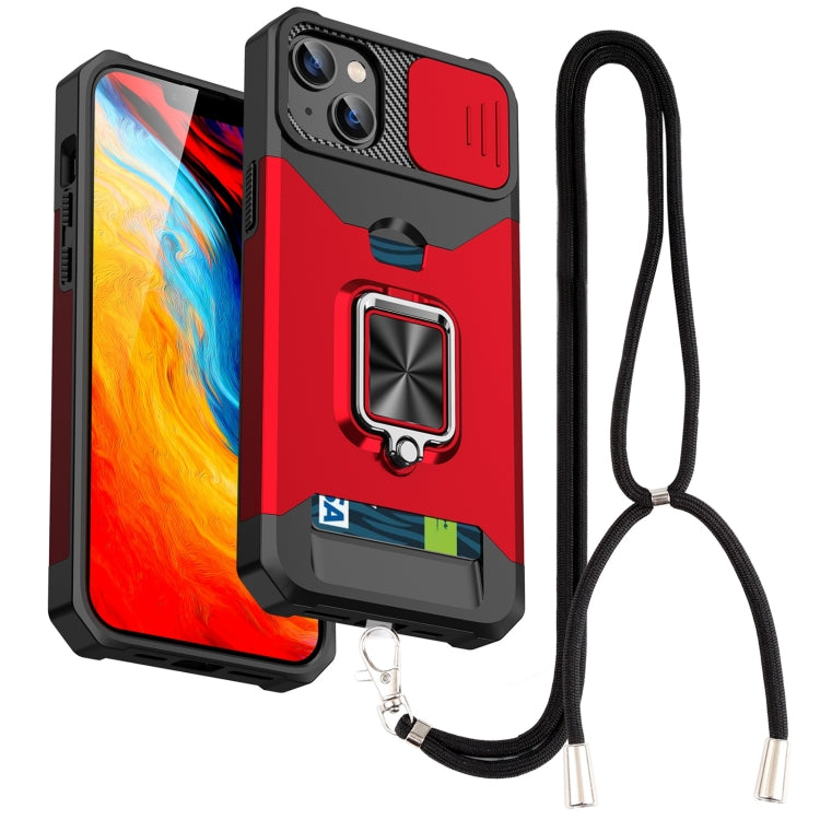 For iPhone 14 Lanyard Slide Camshield Ring Card Phone Case