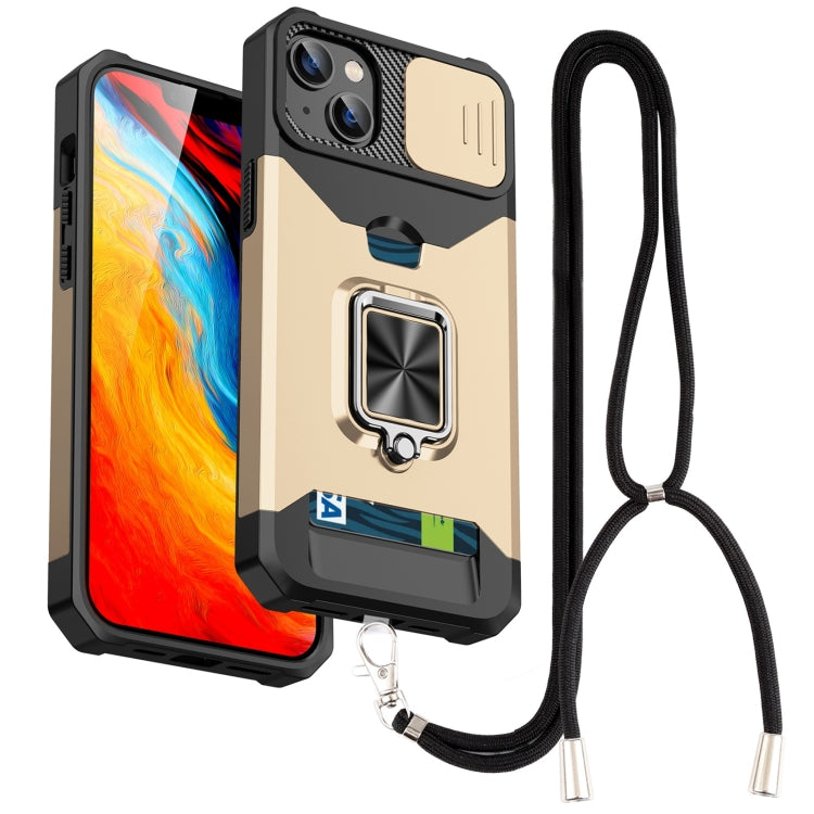 For iPhone 14 Lanyard Slide Camshield Ring Card Phone Case