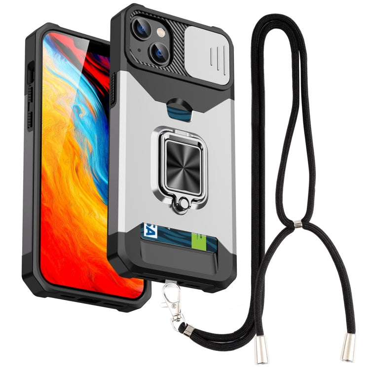 For iPhone 14 Lanyard Slide Camshield Ring Card Phone Case