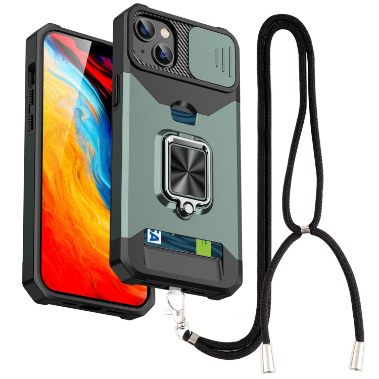 For iPhone 14 Lanyard Slide Camshield Ring Card Phone Case