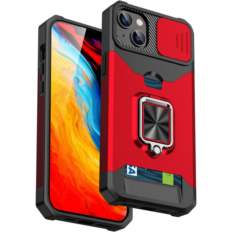 For iPhone 14 Plus Lanyard Slide Camshield Ring Card Phone Case