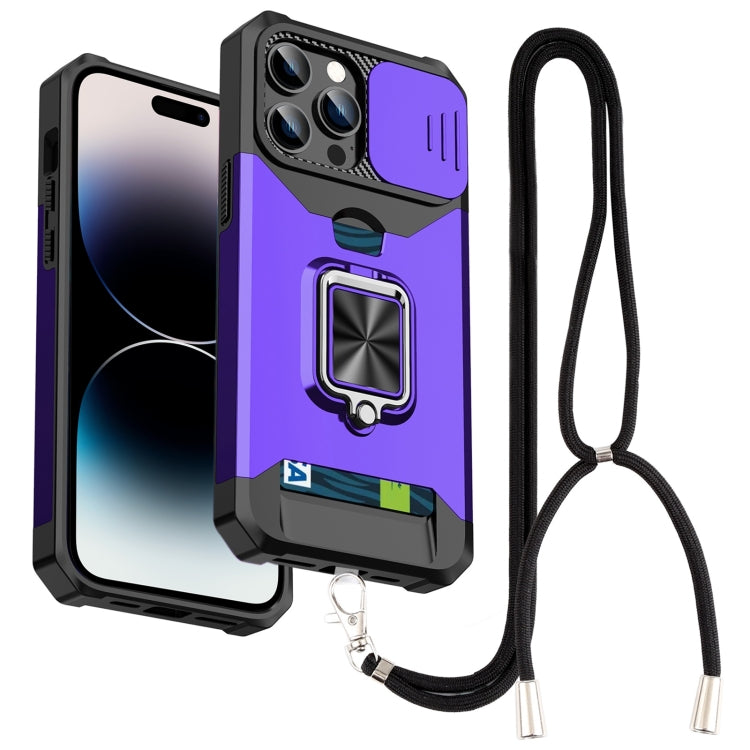 For iPhone 14 Pro Lanyard Slide Camshield Ring Card Phone Case