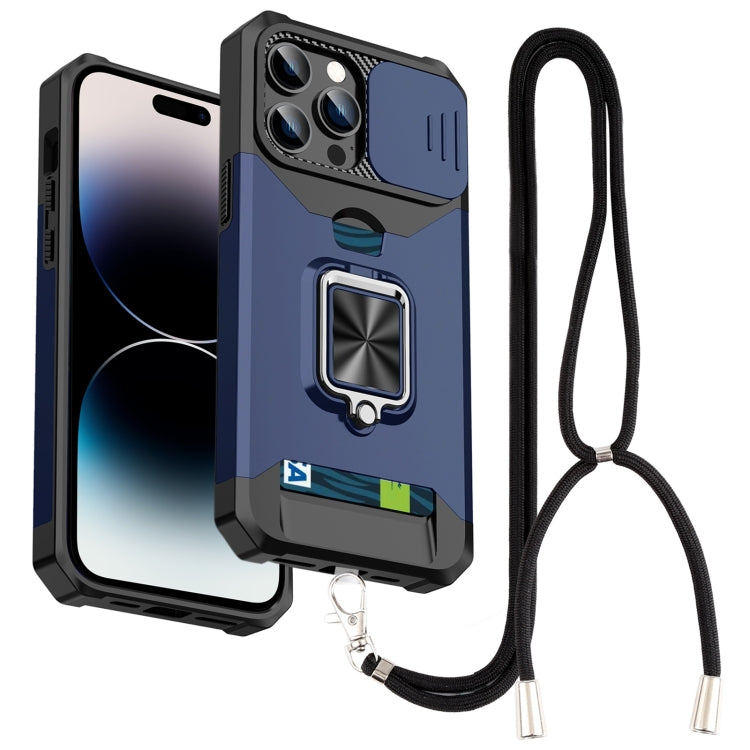 For iPhone 14 Pro Lanyard Slide Camshield Ring Card Phone Case