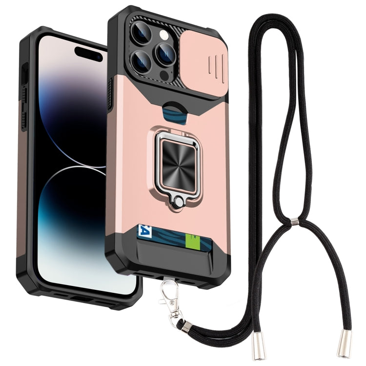 For iPhone 14 Pro Lanyard Slide Camshield Ring Card Phone Case