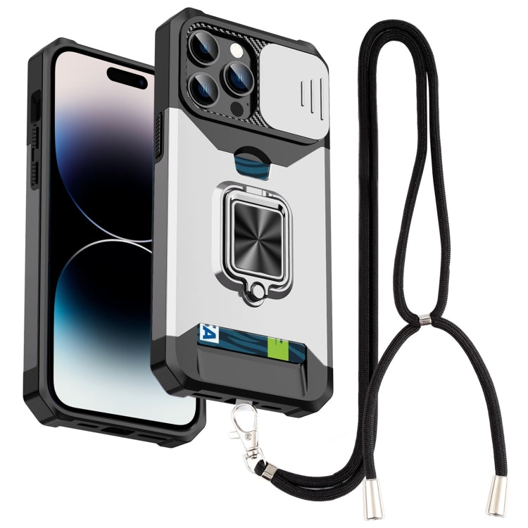 For iPhone 14 Pro Lanyard Slide Camshield Ring Card Phone Case