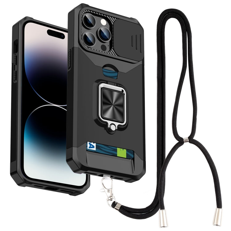 For iPhone 14 Pro Max Lanyard Slide Camshield Ring Card Phone Case