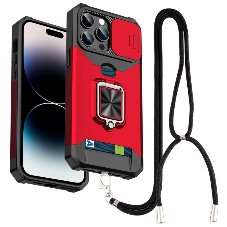 For iPhone 14 Pro Max Lanyard Slide Camshield Ring Card Phone Case