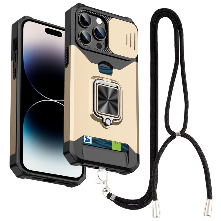 For iPhone 14 Pro Max Lanyard Slide Camshield Ring Card Phone Case
