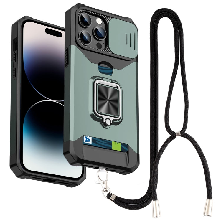 For iPhone 14 Pro Max Lanyard Slide Camshield Ring Card Phone Case