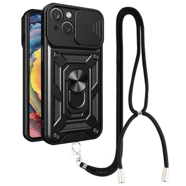 For iPhone 14 Lanyard Slide Camshield Ring Phone Case