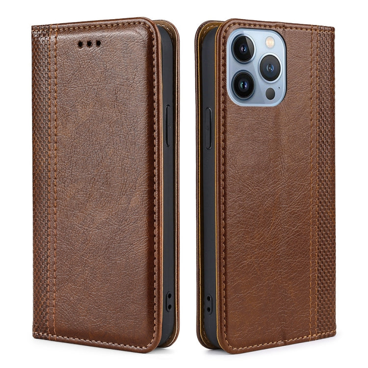 For iPhone 14 Pro Grid Texture Magnetic Flip Leather Phone Case