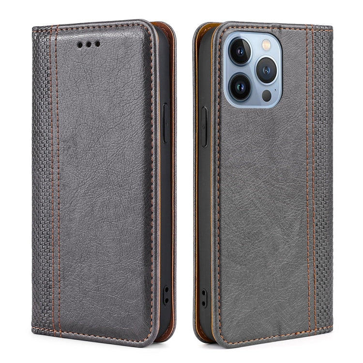 For iPhone 14 Pro Max Grid Texture Magnetic Flip Leather Phone Case