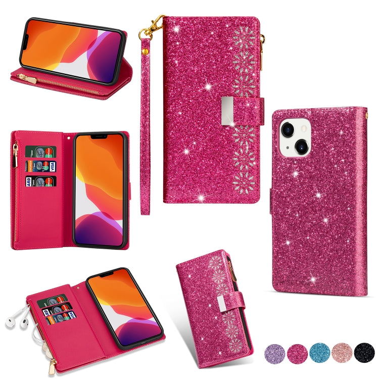 For iPhone 14 Multi-card Slots Laser Carving Glitter Zipper Leather Case