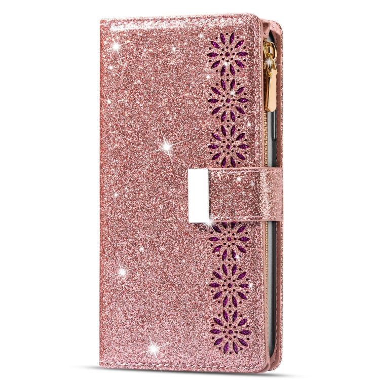 For iPhone 14 Multi-card Slots Laser Carving Glitter Zipper Leather Case