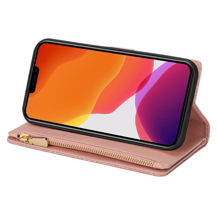 For iPhone 14 Multi-card Slots Laser Carving Glitter Zipper Leather Case