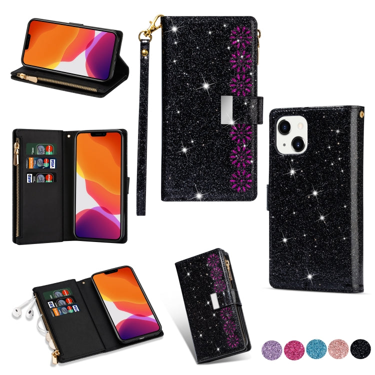 For iPhone 14 Multi-card Slots Laser Carving Glitter Zipper Leather Case