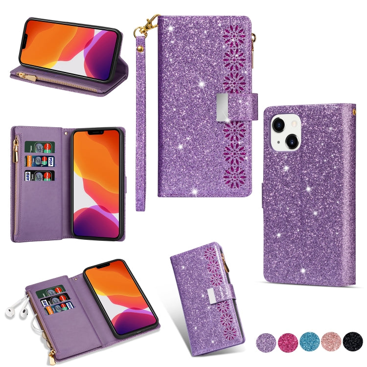 For iPhone 14 Multi-card Slots Laser Carving Glitter Zipper Leather Case