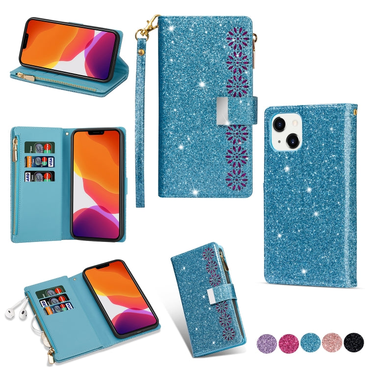For iPhone 14 Multi-card Slots Laser Carving Glitter Zipper Leather Case Max