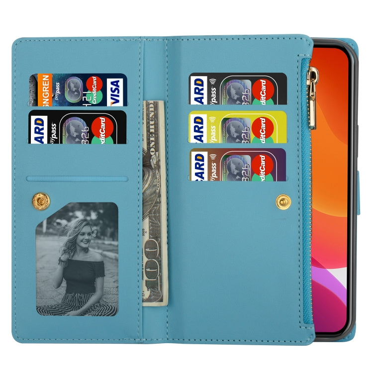For iPhone 14 Multi-card Slots Laser Carving Glitter Zipper Leather Case Max