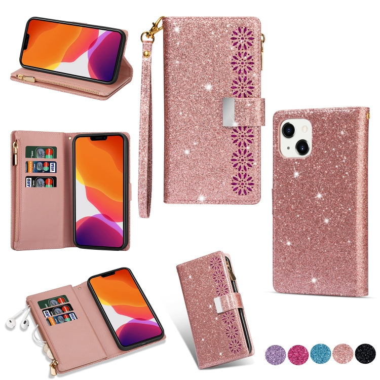 For iPhone 14 Multi-card Slots Laser Carving Glitter Zipper Leather Case Max