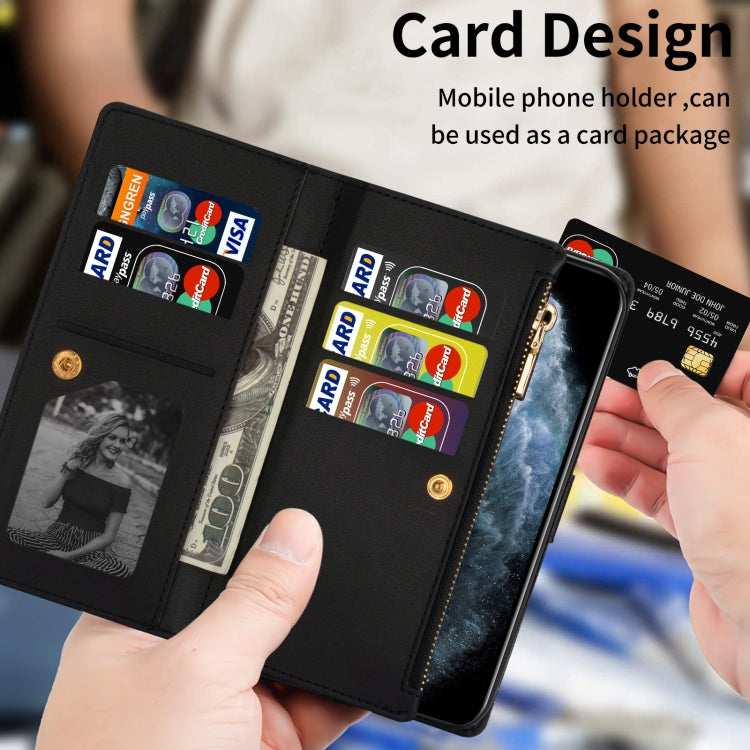 For iPhone 14 Multi-card Slots Laser Carving Glitter Zipper Leather Case Max