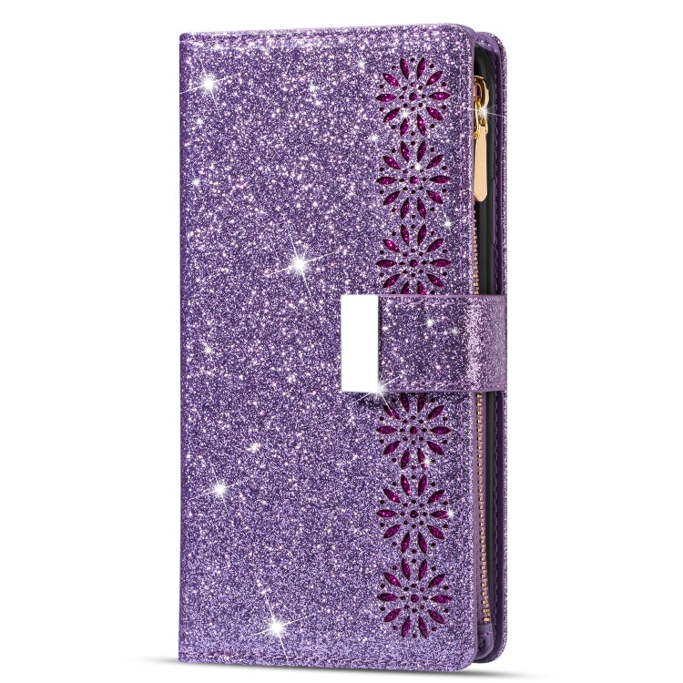 For iPhone 14 Multi-card Slots Laser Carving Glitter Zipper Leather Case Max